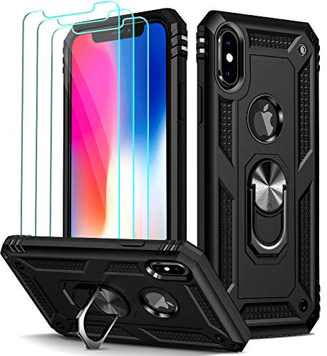 ivoler Case for iPhone XS/iPhone X [Military Grade] 15ft, with [3x Tempered Glass Screen Protector], Shockproof Protective Phone Case Cover with Rotatable Ring Kickstand, Black