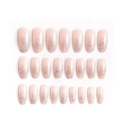 24Pcs Press On Nails Long Length Nude Pink French Coffin False Fake Nails With Sparkly Glitter， Silver Luxury French Tip Glossy Ballerina Acrylic Artificial Glue On Nails Manicure Kit For Women Girls #TOP2