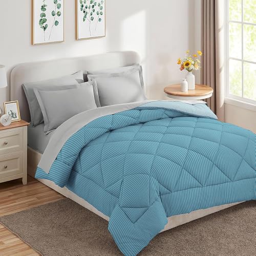 Image of HOMEKART 220 GSM Microfiber Reversible Comforter for Double Bed | Ultra Soft, Skin-Friendly & Hypoallergenic Solid Striped Blanket | Lightweight Cozy & Machine Washable (90x100 Inch, Aqua)