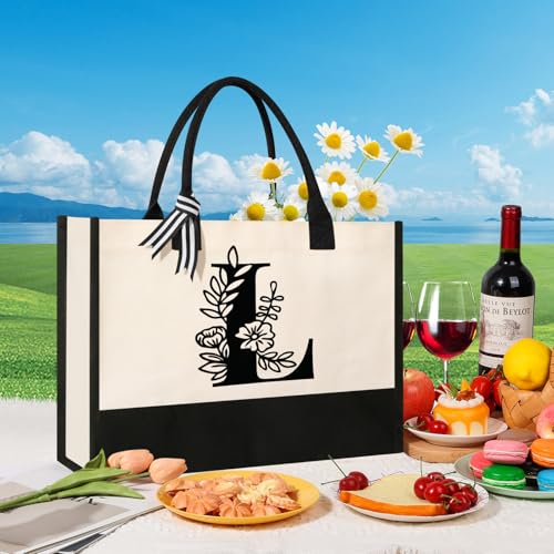 Image of Tecanne Personalized Initial Canvas Tote Bag, Suitable for Birthday, Wedding, Beach, Holiday, Gifts for Women, Mom, Teachers, Nurses, Best Friends, Bridesmaids (L)