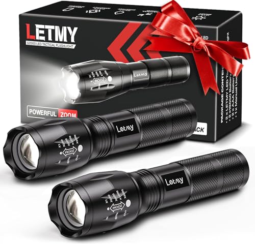 LETMY LED Tactical Flashlight S1000 PRO - 2 Pack Bright Military Grade Flashlights High Lumens - Portable Handheld Flash Lights with 5 Modes, Zoomable, Waterproof for Camping Outdoor Emergency