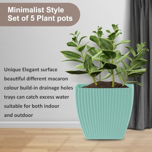 Image of HOMIFLY 5 Pack Plastic Square Flower Pots with Drainage & Bottom Tray /Lightweight, UV & Weather Resistant /6.5 Inch Planters for Indoor /Outdoor /Home /Balcony /Terrace /Garden Plant Pots (Sky Blue)