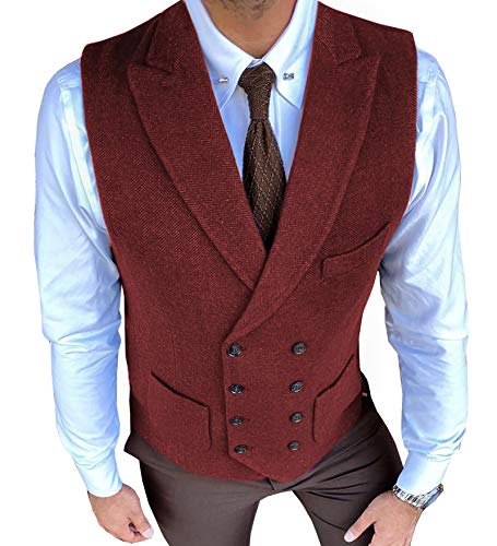 Men's Casual Suit Vest Regular Fit Double Breasted Suede Wool Formal Waistcoat for Wedding Grooms Best Men