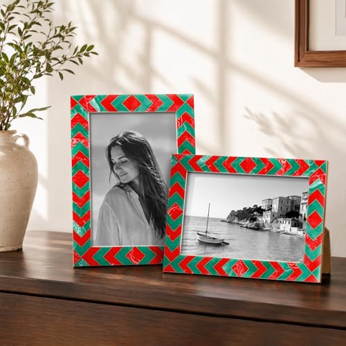 Image of Handicrafts Home Gems 4x6 Picture Frame Set of 2, Vintage Photo Frames for Wall or Tabletop Display, Family Wall Decor, Gallery Wall Frame Set, Wall Display-Resin Inlay.Candy Cane Collection.