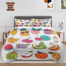 Cute Lemon PineappleBedding Set for Boys Girls Bedroom Decor, Kawaii Fruit Strawberry Comforter Set, Kids Adult Toddler Bedroom Quilted Duvet and 2 Pillow Shams (Queen)