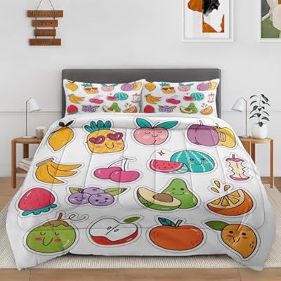 Cute Lemon PineappleBedding Set for Boys Girls Bedroom Decor, Kawaii Fruit Strawberry Comforter Set, Kids Adult Toddler Bedroom Quilted Duvet and 2 Pillow Shams (Queen)