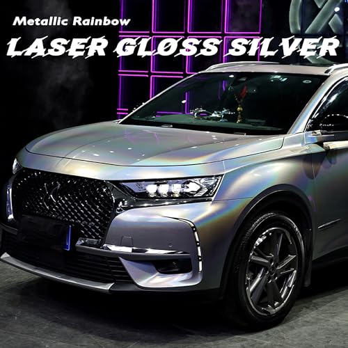 Image of Lypumso Cast Vinyl Rainbow Laser Silver Car Wrap, Holographic Metallic Sparkle Vehicle Sticker Decal Film Sheet, Self-Adhesive DIY Paint Replacement Wrap Roll 1ft x 10ft