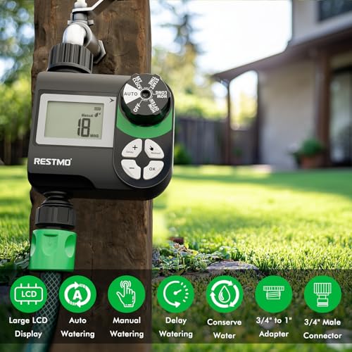 RESTMO Timer per irrigazione con ritardo della pioggia/sistema di irrigazione manuale/automatico per rubinetto esterno, irrigatore da giardino, cortile e prato