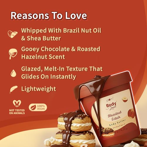 Image of Plum BodyLovin' Hazelnut Eclair Body Butter | Shea Butter & Brazil Nut Oil for Deep Moisturization | Non-Greasy & Lightweight | Buttery Soft, Smooth & Moisturised Skin | For Dry To Very Dry Skin | Decadent Hazelnut Chocolate Fragrance | 180gm