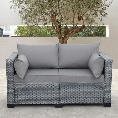 Lviden Outdoor Patio Loveseat Sofa, 2-Seater Small Couch, All Weather Wicker Love Seat Furniture With Grey Cushions thumb #2