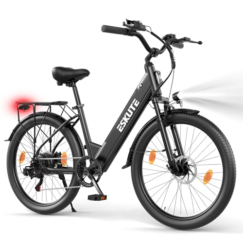 ESKUTE C100 Plus E-Bike, 26 Zoll Elektrofahrrad, E-Cityrad 250W HeckMotor, 36V 13Ah Wechselakku, bis zu 100km, LCD-Display, Tiefeinsteiger E-CityBike Für Damen und Herren Erwachsene