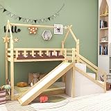 ZYLOYAL10 Etagenbett, Hausbett mit Treppe und Zäune, Mit Stauraumtreppe und Rutsche, Kinderbett mit Fallschutz und Gitter, Rahmen aus Kiefer, Natur, 90x200cm