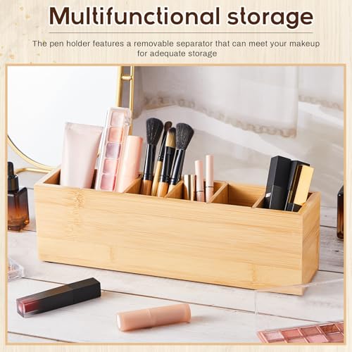 Image of Jetec Wooden Pencil Pen Holder for Desk 6 Compartments Cosmetic Makeup Brush Stationery Office Desktop Organizers for Countertop Adjustable Silverware Caddy for Party, Art Supplies,Home(Bamboo)