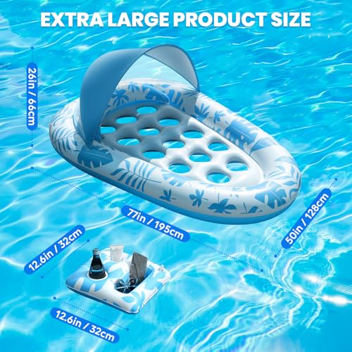 Inflatable Pool Floats Adult, 3-in-1 Pool Float Lounger with Canopy and Cup Holder, XL Floating Pool Floaty Raft for Swimming Pool Lake Beach, Tanning Pool Floaties Toys for Adults - Thumbnail 6