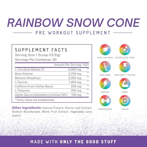 Image of Pre-Workout Powder, All Natural Pre Workout for Energy, Pump, Endurance & Strength, with Caffeine (Rainbow Snowcone)