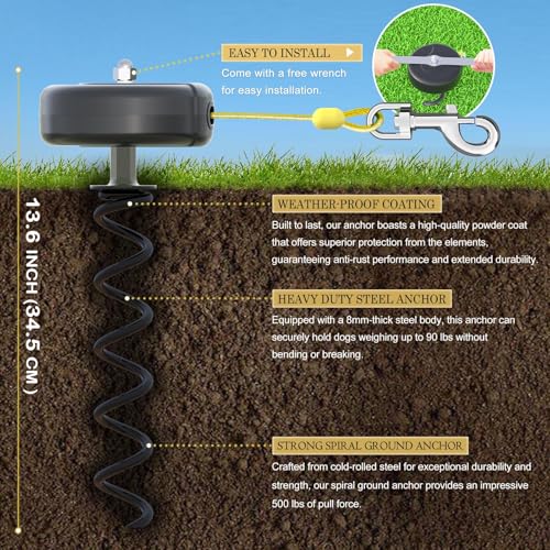 Dog Tie Out Cable and Stake 360° No Tangle Heavy Spiral Yard Stake and Retractable Dog Leash for Dogs Up to 10-90 lbs, 30ft Dog Chain for Outside Yard Camping Park (360° No Tangle Heavy Spiral) - Image 4