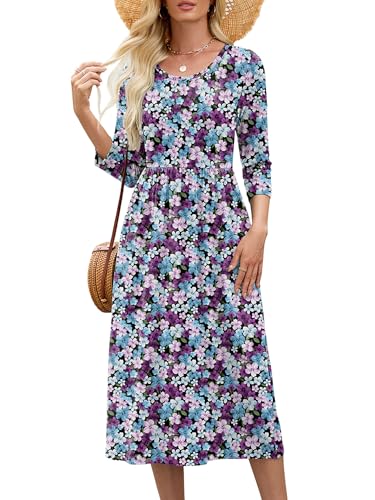 Image of Heymoments Women's Casual 3 /4 Sleeve Midi Dress Crewneck A Line Tiered Flowy Loose Travel Long Dresses with Pockets