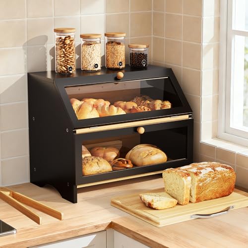 Pamapic Panera de bambú, caja de pan de dos pisos con tabla de cortar y clip para pan, caja de almacenamiento de cocina con tapa y ventana transparente, 39 x 26 x 32 cm