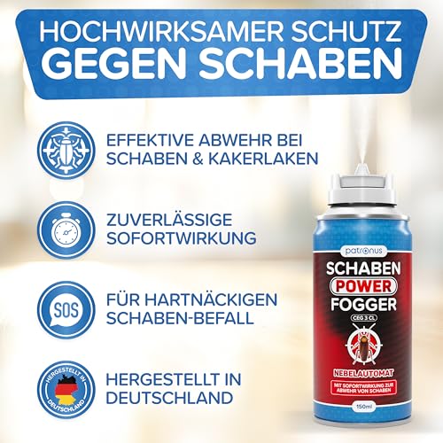 Patronus Schaben Power Fogger - 2x 150ml - effektiver Vernebler mit maximaler Sofortwirkung zur Abwehr von Schaben & Kakerlaken, ideal für kleine Schaben-Verstecke - aus deutscher Produktion