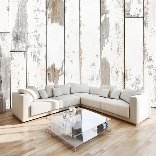 Papier Peint Panoramique Gris Clair, 3D Papier Peints Intissé Shabby Chic Texture Planche De Bois Décoration motif pour Salon Chambre d'enfants Restaurant,...