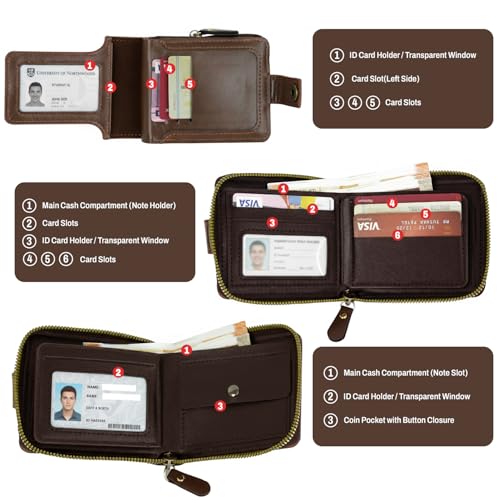Image of Storite Men's Genuine Leather RFID Blocking Wallet - Zip Around Bifold Design with 11 Card Slots, ID Window & 2 Bill Compartments - Brown (Brown)
