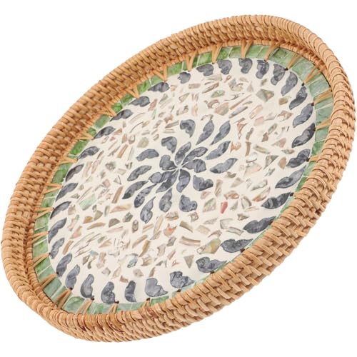 EXAOMBLE Bandeja Redonda Tejida a Mano Conchas Multicolor 30 Cm, Cesta de Fruta Decorativa, Soporte Multifunción para Servir y Organizar en Cocina y Comedor