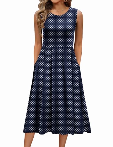 Zeagoo Sundress with Pocket Knee Length Dress Floral Beach Dress O Neck Summer Sleeveless Tank Midi Dress Casual Swing Aline Loose Tshirt Dress