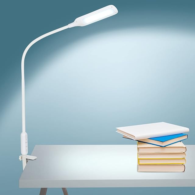 Tomshine Touching Control LED Desk Lamp with Clamp Dimmable Clip Lights Daylight Lamp Flexible Adjustable Reading Light,2800-5500K Color Temperatures,5 Brightness Levels,30min Timer Function,White