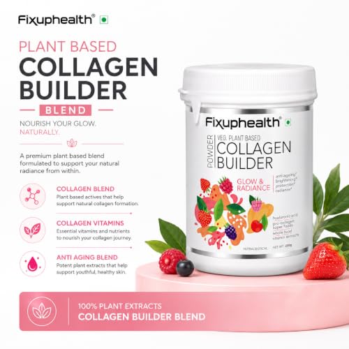 Image of Fixup Health Veg Collagen Builder Powder with Hyaluronic Acid, Glutathione & Vitamin Extracts | Collagen Peptides Supplement for Women & Men | Superfood for Beauty & Skin Health | Strawberry - 250g