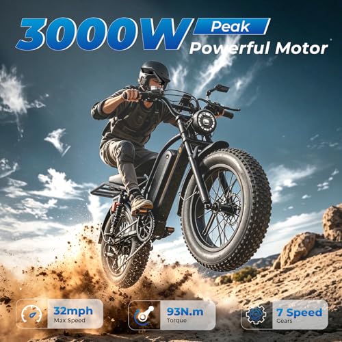Image of Jasion Electric Bike for Adults&Teens, 3000W Peak Motor, 52V 20Ah Battery, Up to 90 Miles Range, 20 inchx4.0 inch Fat Tire Moped Style Off-Road Ebike, Full Suspension, All-Terrain Electric Dirt Bike