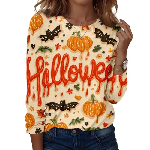 Halloween Shirts for Women Long Sleeve Plus Size Fashion Crewneck Comfortable Tshirts Halloween Costumes for Women