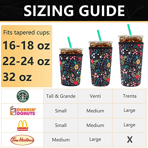 Image of YR Reusable Neoprene Insulator Sleeve for Iced Coffee Cups, 3 Pack Coffee Coolies sleeves for Iced & Hot Drinks, Cold Beverage Cooler Compatible with Starbucks Coffee and More (Little Flower)