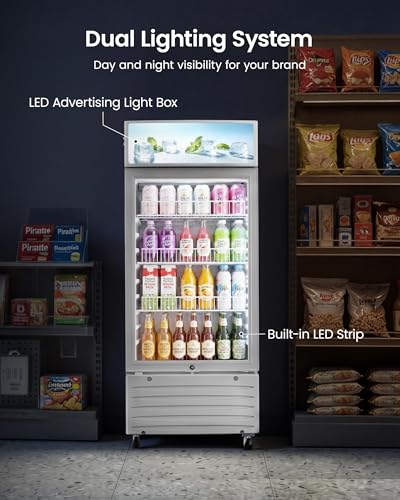 Image of 5.8 Cu.Ft Commercial Display Fridge with LED Lightbox | Glass Door Beverage Cooler, for Shops Office Cafe, Adjustable Shelves, ETL Certified, Energy Efficient, with Lock & Casters