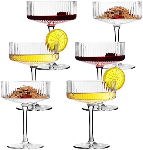 VIFVOR 6 Pcs Ribbed Coupe Cocktail Glasses, 10 oz Classic Margarita Glass Set with Gift Box Packaging Elegant Hand Blown Manhattan Goblet for Cocktail, Champagne, Bar and Gift