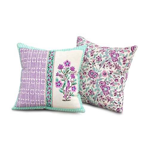 Image of BLOCKS OF INDIA Hand Block Printed Cotton Linen Cushion Cover (16 x 16 inches) (DYE Purple Turq Half)