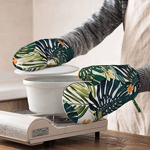 Oven Gloves 2Pcs Sets,Kitchen Oven Glove High Heat Resistant 500 Degree Oven Mitts And Potholder With Non-Slip Silicone Surface For Baking,Cooking,Bbq - Tropical Summer Hawaiian Flower Palm Leaves #TOP6