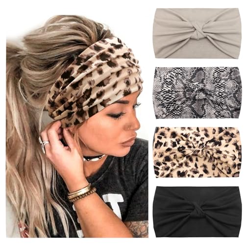 Image of DRESHOW 4 Pack Turban Headbands for Women Wide Vintage Head Wraps Knotted Cute Hair Band Accessories