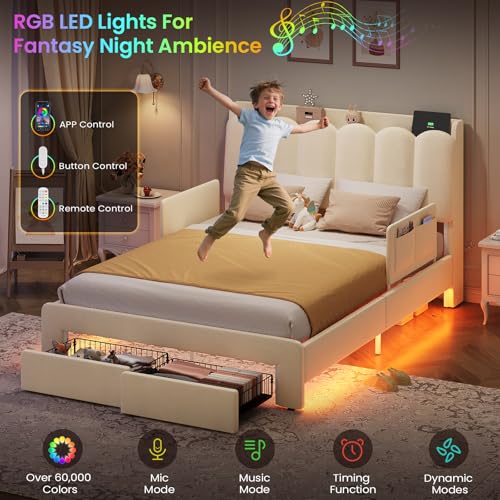 Image of DICTAC Full Size LED Bed Frame with Storage Drawer and Safety Guardrails, Velvet Upholstered Platform Bed for Kids with Chic Wavy Storage Headboard, Charging Station, Heavy Duty Metal Support, Beige