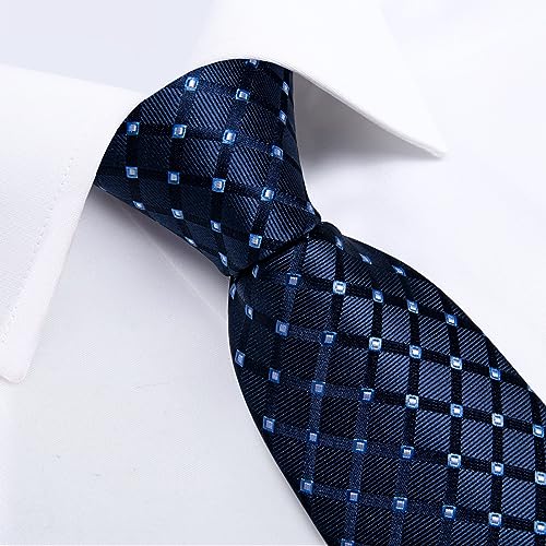 Image of DiBanGu Plaid Ties for Men Silk Checkered Necktie and Pocket Square Cufflinks Tie Clip Set with Gift Box for Wedding Business
