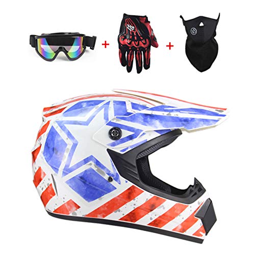 STARMOON Dirt Bike Helmet for Adult Men Women, DOT Approved ATV Off Road Helmet Motocross Helmet with Goggles Neck Gaiter Gloves Motorcycle Helmet MX MTB BMX Downhill Helmet,White Patriotic Flag,M