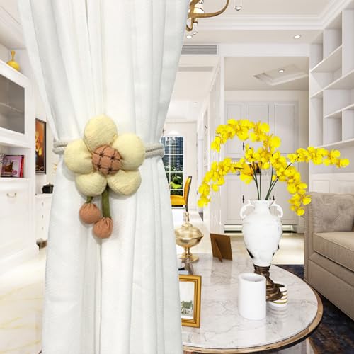 BDHRKTE 2pcs Curtain Ties Flower Curtain Buckles, Japanese Curtain Ties, Curtain Accessories,Cute Flower Curtain Ties Decorative Rope for Bedroom Window Treatment (Rice Yellow)