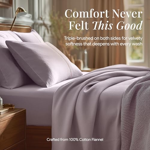 Image of Tribeca Living King Cotton Flannel Flat Sheet Only 170-GSM - Oversized 112 x 106 Inch Dimensions for Generous Bed Coverage - Soft Breathable Bedding in Lavender