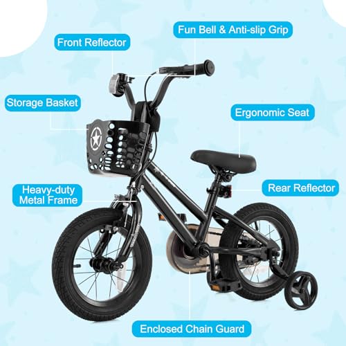 Image of BABY JOY Starry Kids Bike, 12 14 16 18 Inch Bicycle with Training Wheels, Storage Basket, Adjustable Handlebar & Seat, Handbrake & Coaster Brake, Girls Boys Bike