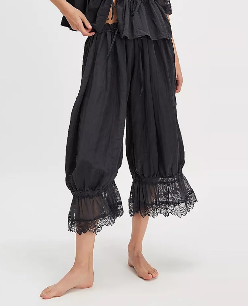 Women Bloomer Pants Lace Trim Ruffle Pantaloons Elastic Waist Flared Slips Pants Lace Pettipants Pajama Bottoms
