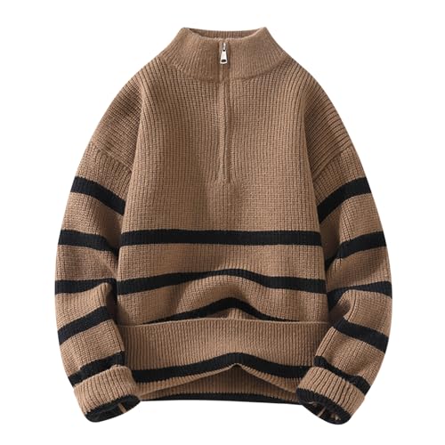Men's Turtleneck Sweater Fashion 1/4 Zipper up Stand Collar Striped Long Sleeve Ribbed Knit Pullover Knitwear Tops