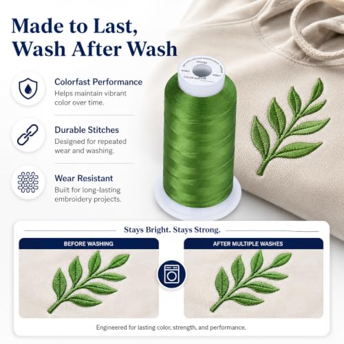 Image of Simthread 5500Yds /5000M 40WT Polyester Embroidery Thread Ivy Green S03 | High-yardage 5000M spool offers smooth feeding and stable 40WT polyester thread for home and commercial embroidery machines.