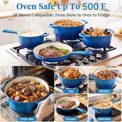 Image of LIFERUN 7Pcs Enameled Cast Iron Cookware Set, Cast Iron Pots and Pans Set