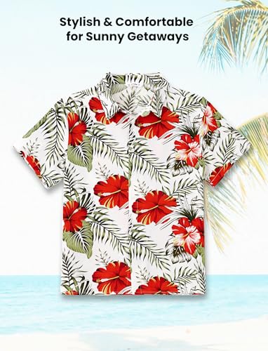 Image of PATPAT Hawaiian Shirts for Family - Dad & Son Tropical Floral Print Short Sleeve Cruise Shirts - Red Flower - Men's XL