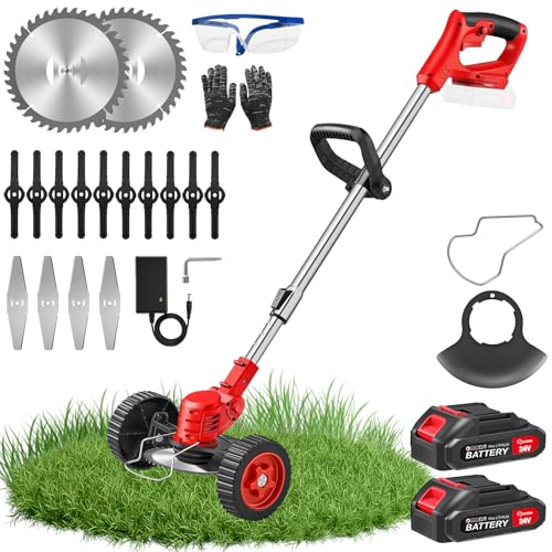 SakerPlus 24V Cordless Weed Wacker 3-in-1 Electric Grass Trimmer & Brush Cutter with 2 Batteries Lightweight Weed Eater Lawn Mower Edger with Wheels and 3 Blade Types for Yard Lawn & Garden Care