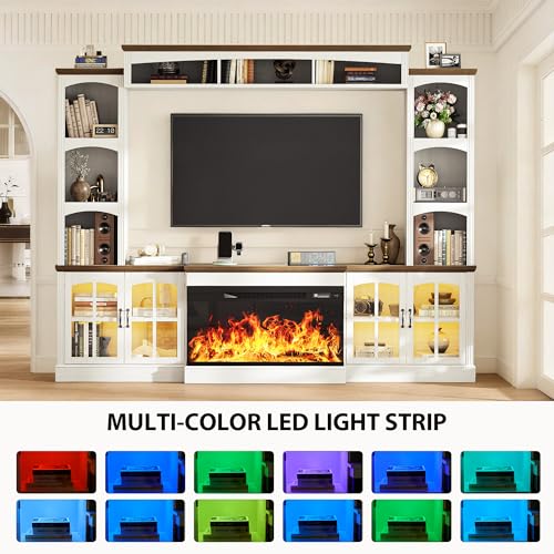 Image of MXV 98 inch Farmhouse Fireplace TV Stand, Large Wall Unit Entertainment Center with 36 inch Electric Fireplace, Media Console with Storage Cabinets and Open Shelves for Living Room, White